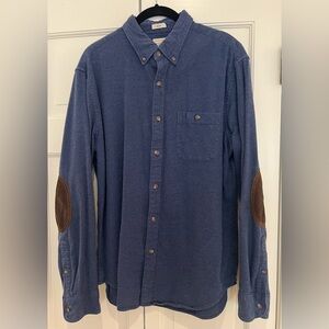 J. Crew Casual Blue Chamois Shirt with Brown Elbow Patches, Size L Slim